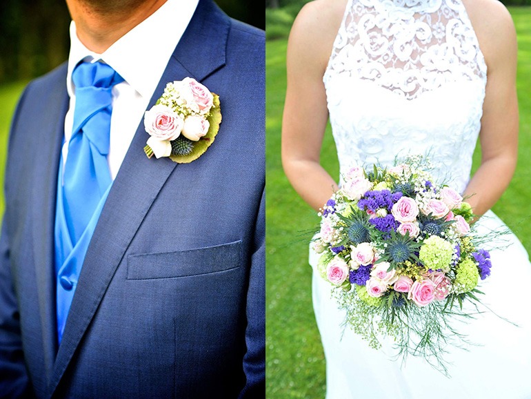 Fleurissement du costume du marié et du bouquet de la mariée